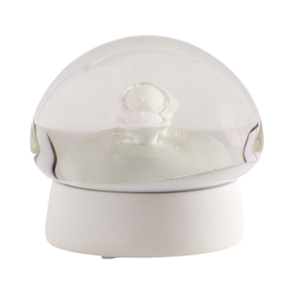 A white ceramic snow globe featuring the architectural structure of the Lucas Museum of Narrative Art inside a clear glass dome, set on a round white base against a plain white background.