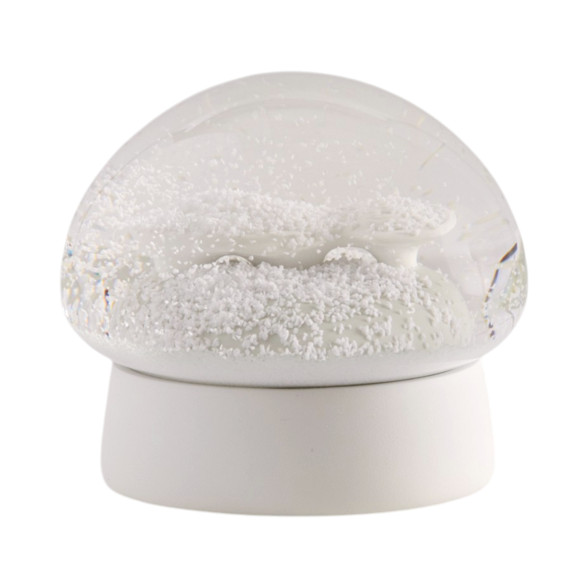 A white ceramic snow globe featuring the architectural structure of the Lucas Museum of Narrative Art inside a clear glass dome, set on a round white base against a plain white background.