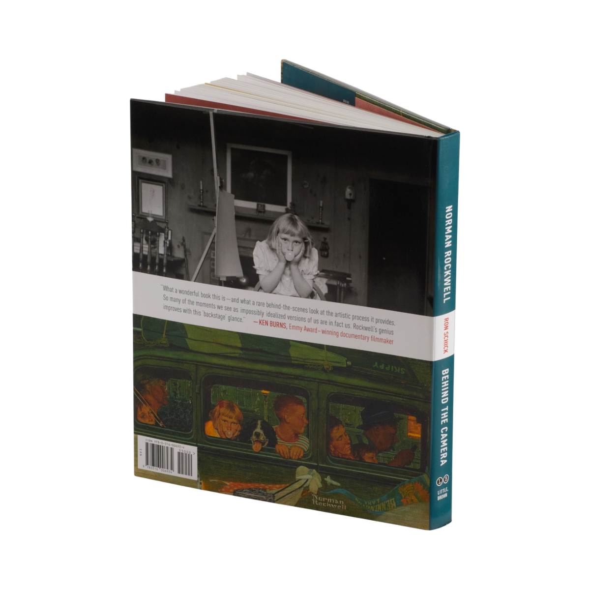 The back cover of the book 'Behind the Camera' by Norman McCullell, featuring a black-and-white photograph of a woman in a studio, a quote, and a colorful illustration of people inside a film camera.