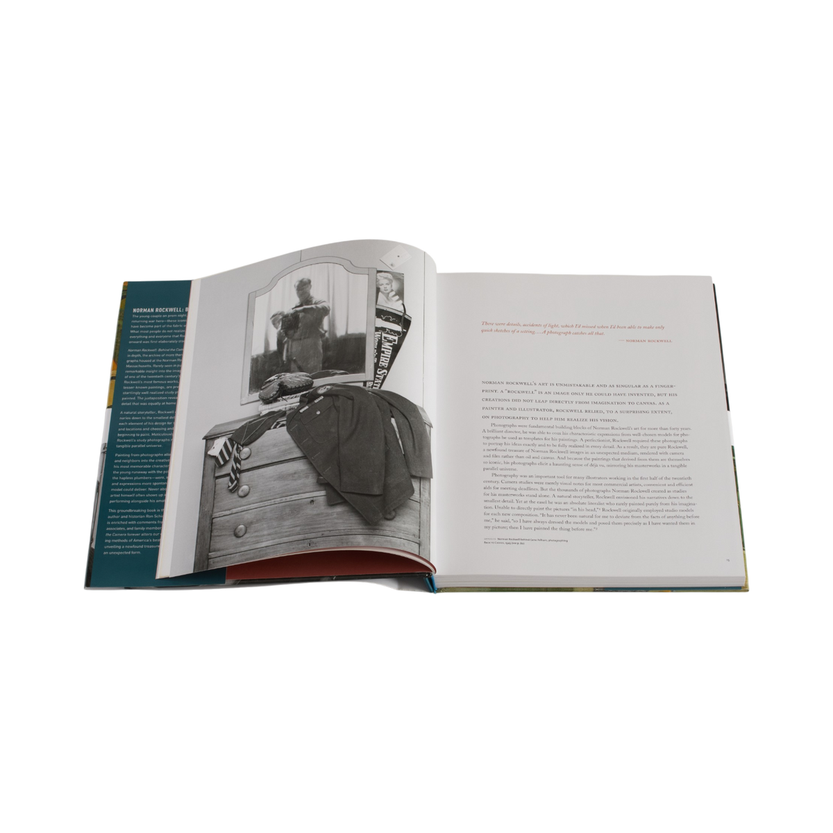 An open book displayed against a solid white background, showing a black-and-white photograph on the left page and a text-heavy article on the right page.