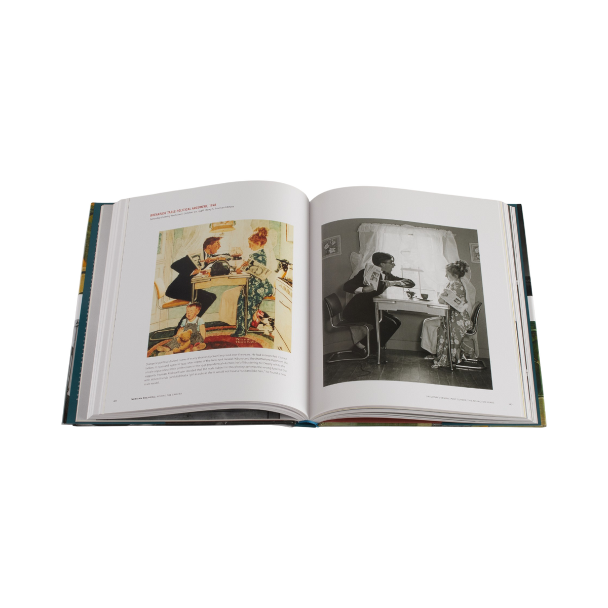 An open hardcover book displayed against a solid white background, showing two vintage-style photographs printed on the inner pages.
