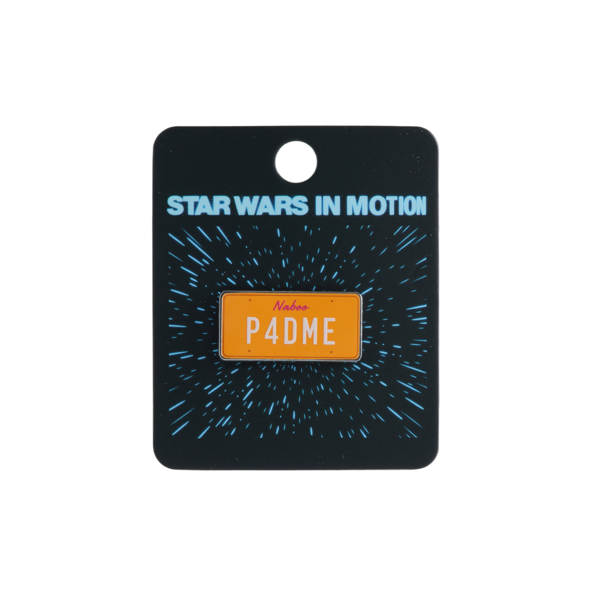 A Star Wars themed enamel pin shaped like a license plate reading 'P4DME', mounted on a black backing card with 'STAR WARS IN MOTION' text and a blue starburst design.

