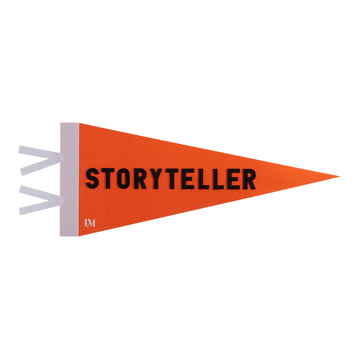 An orange triangular pennant flag with a white header and white hanging tabs, featuring the word 'STORYTELLER' in bold black letters and a small 'LM' logo near the lower left.