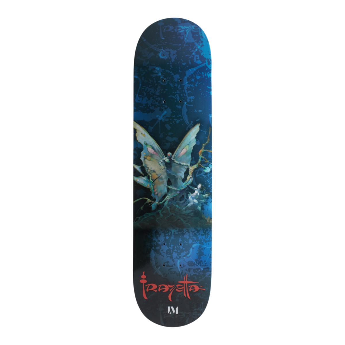 A skateboard deck featuring a dark blue and black background with a detailed illustration of Frank Frazetta's Mothman. The artist's name 'Frazetta' is printed in red script near the bottom, along with a small white 'LM' logo.