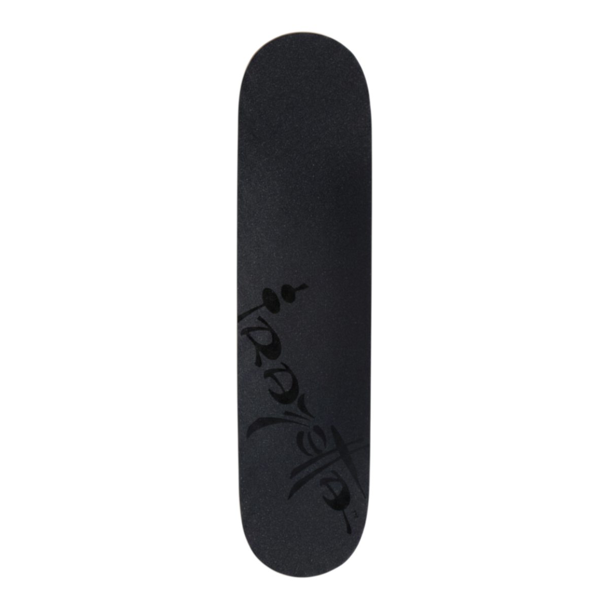 A black skateboard deck with black gothic-style vertical text reading 'Frazetta,' shown against a plain white background.