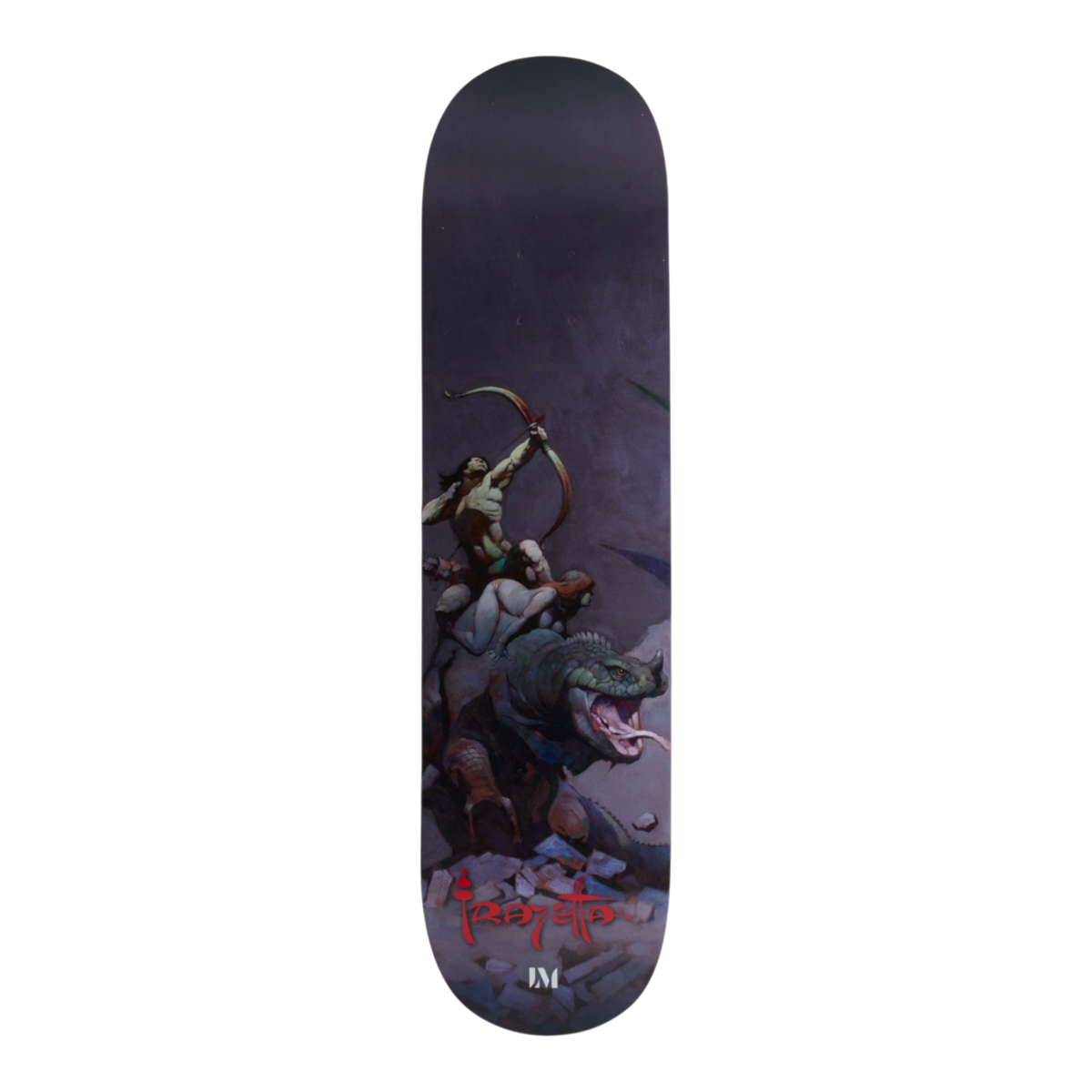 A skateboard deck featuring Frank Frazetta Jongor Fights Back, a fantasy illustration of warriors on a green dragon-like creature, set against a dark purple night sky. The red stylized brand name 'Frazetta' is printed near the bottom, along with a small white 'LM' logo.