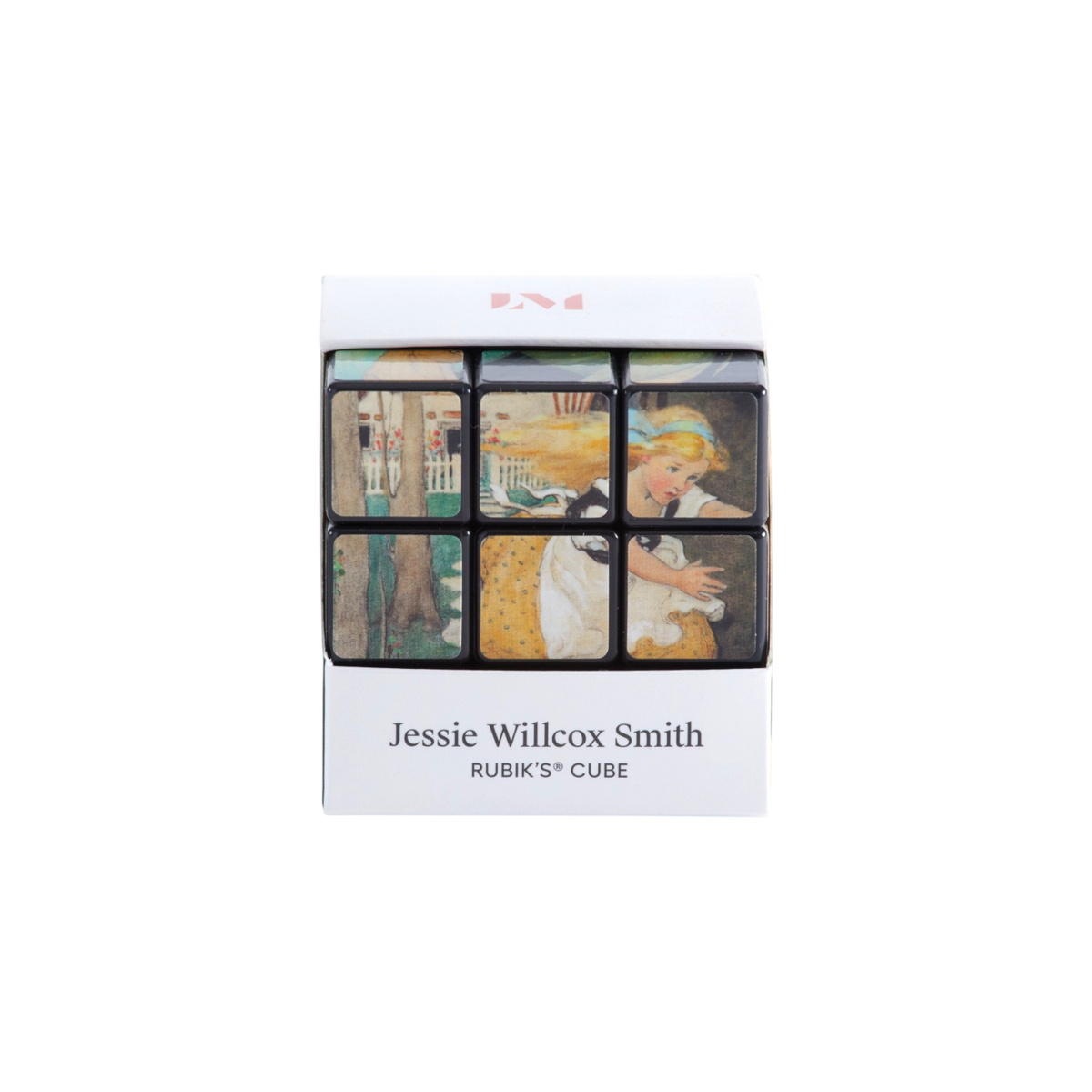 Jessie Willcox Smith Rubik's Cube in its original white box packaging, featuring classic illustrations on the cube faces.
