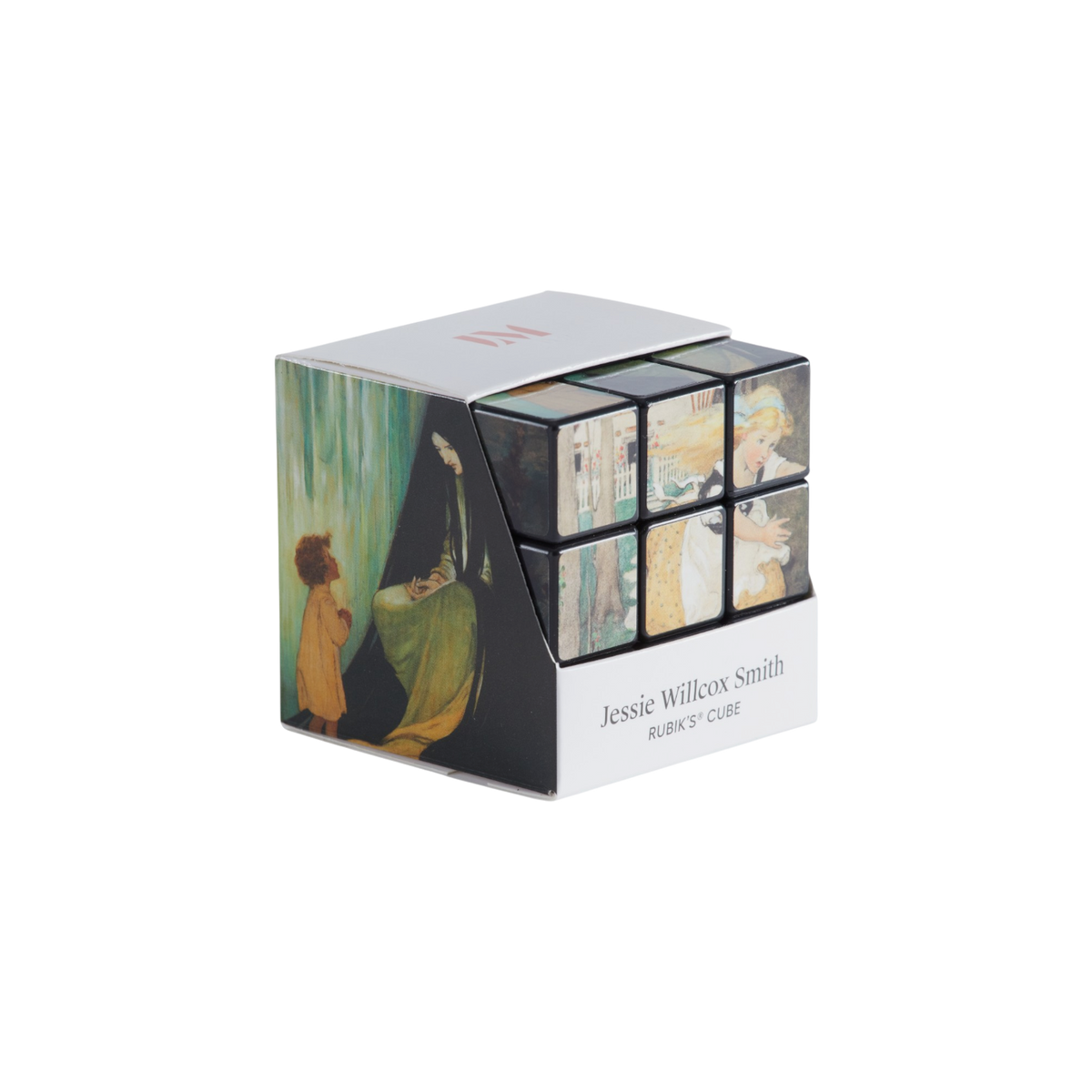 Jessie Willcox Smith Rubik's Cube in its original white box packaging that features an illustration of a woman and a child. The Rubik's cube features classic illustrations on the cube faces.