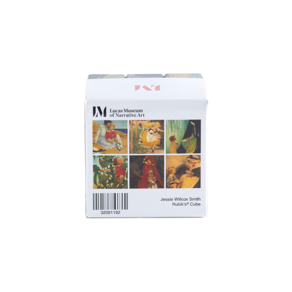 The retail packaging box for the Lucas Museum of Narrative Art's Rubik's Cube, featuring a white front panel with a barcode, artist name Jessie Wilcox Smith, and a grid of six colorful classical art illustrations.