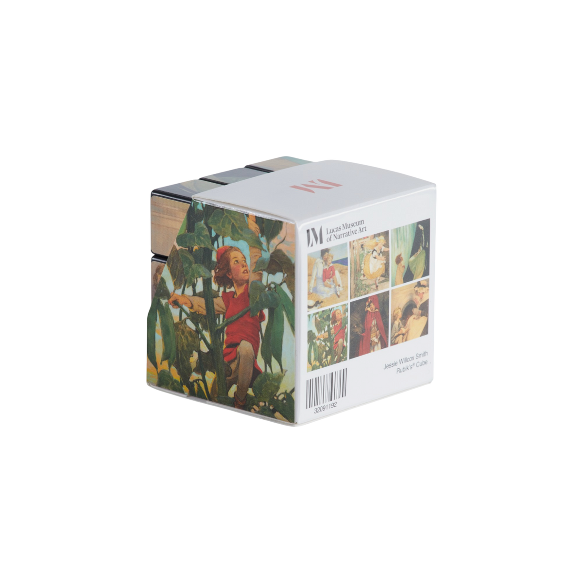 The retail packaging box for the Lucas Museum of Narrative Art's Rubik's Cube, featuring a white front panel with a barcode, artist name Jessie Wilcox Smith, and a grid of six colorful classical art illustrations.