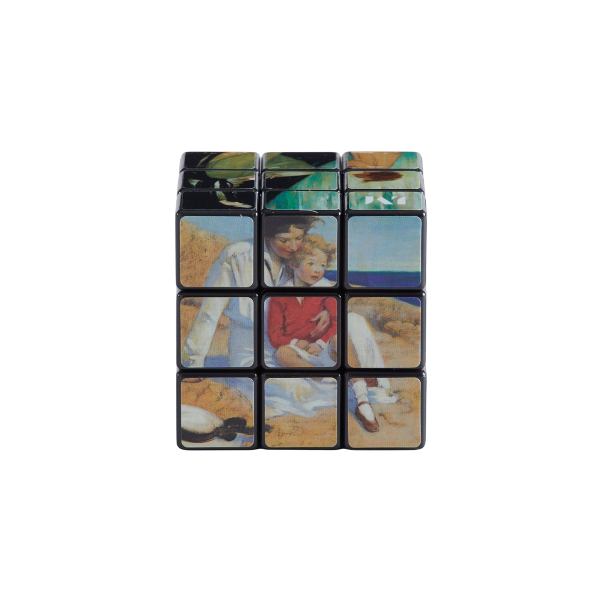 A 3x3x3 Rubik's cube with Jessie Willcox's custom illustrations on its faces, featuring a black base, shown on a plain white background.
