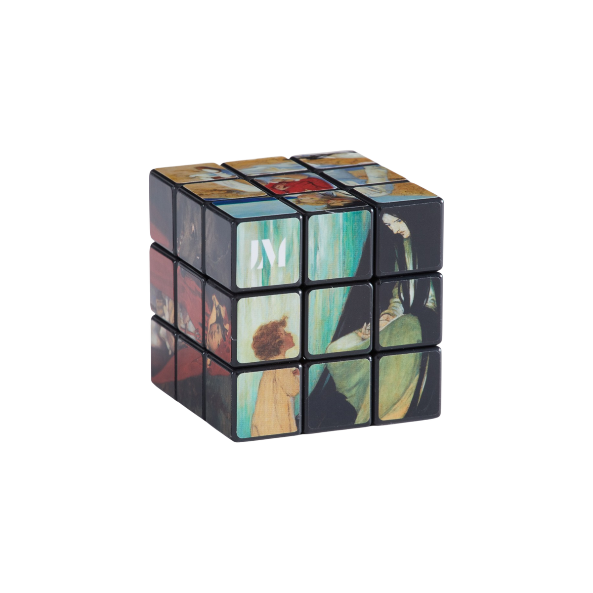 A 3x3x3 Rubik's cube with Jessie Willcox's custom illustrations on its faces, featuring a black base, shown on a plain white background.