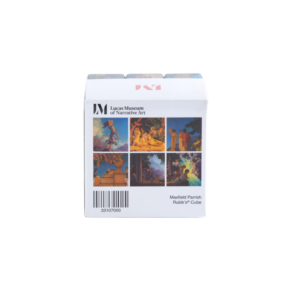 A white rectangular product box for Lucas Museum of Narrative Art, featuring six small classical artwork thumbnails and text reading 'Maxfield Parrish's Rubik's Cube' on a plain white background.