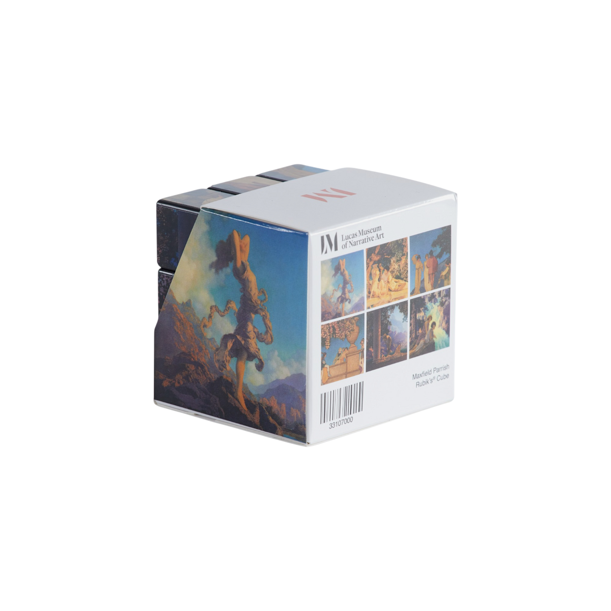 A white rectangular product box for Lucas Museum of Narrative Art, featuring six small classical artwork thumbnails and text reading 'Maxfield Parrish's Rubik's Cube' on a plain white background.