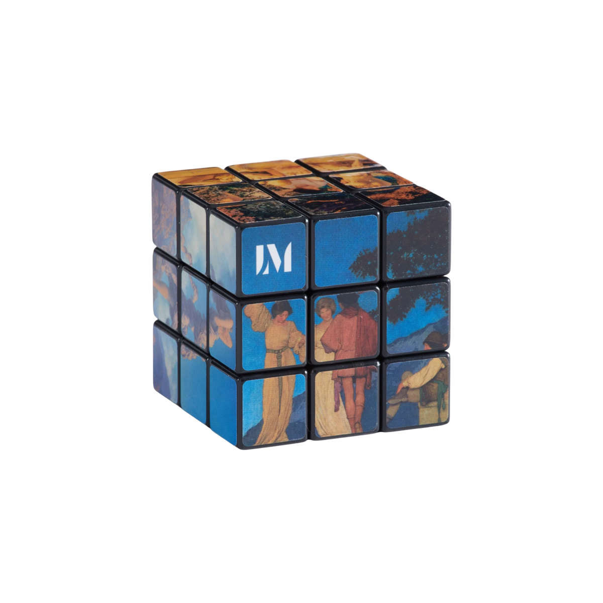 A 3x3 Rubik's cube in its original white packaging, featuring custom artwork by Maxfield Parrish. The cube itself has a black frame with six panels displaying colorful landscape paintings in shades of blue, purple, orange, and yellow.