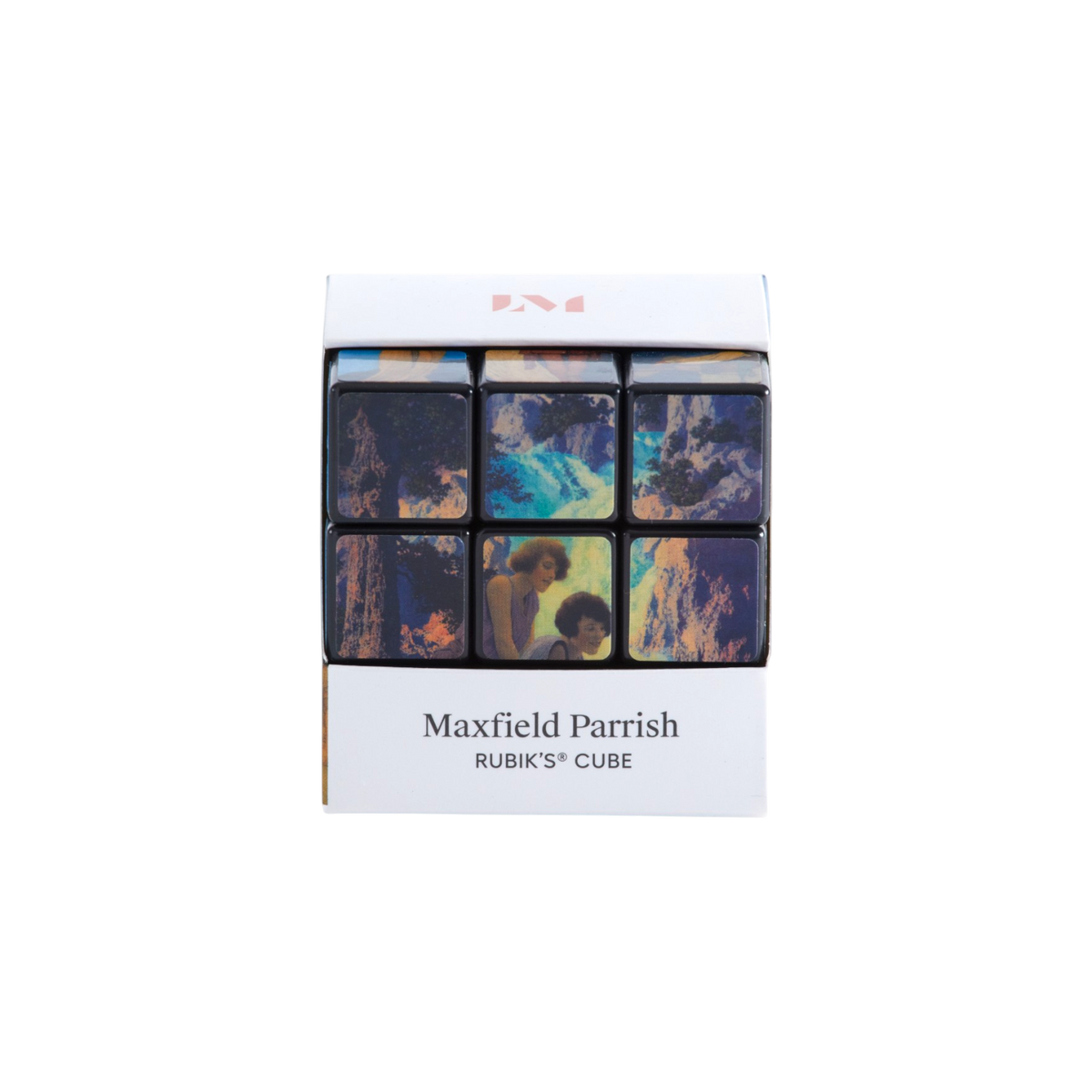 A 3x3 Rubik's cube in its original white packaging, featuring custom artwork by Maxfield Parrish. The cube itself has a black frame with six panels displaying colorful landscape paintings in shades of blue, purple, orange, and yellow.