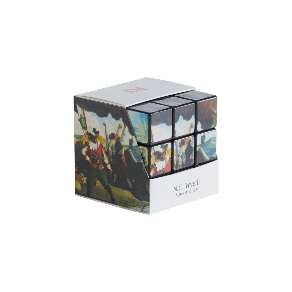 A 3x3x3 Rubik's cube with a black frame and printed cube faces of N.C. Wyeth's illustrations, shown on a plain white background.