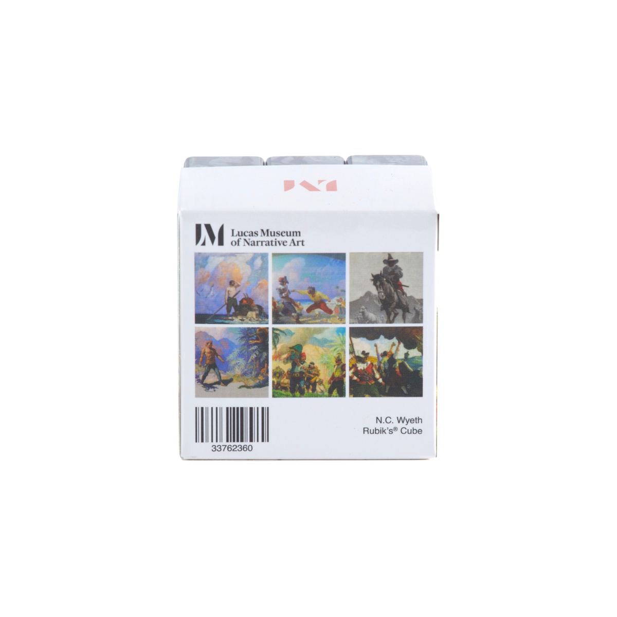 A white rectangular box for a Rubik's Cube, featuring the Lucas Museum of Narrative Art logo and six colorful paintings of historical figures on the front, photographed on a plain white background.
