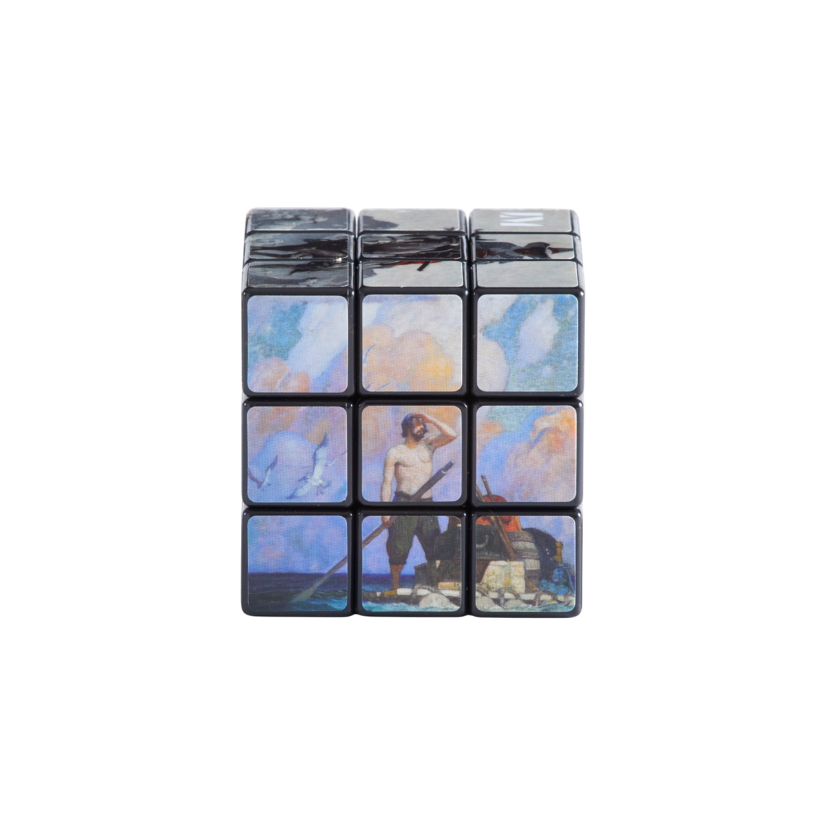 A 3x3x3 Rubik's cube with a black frame and printed cube faces of N.C. Wyeth's illustrations, shown on a plain white background.