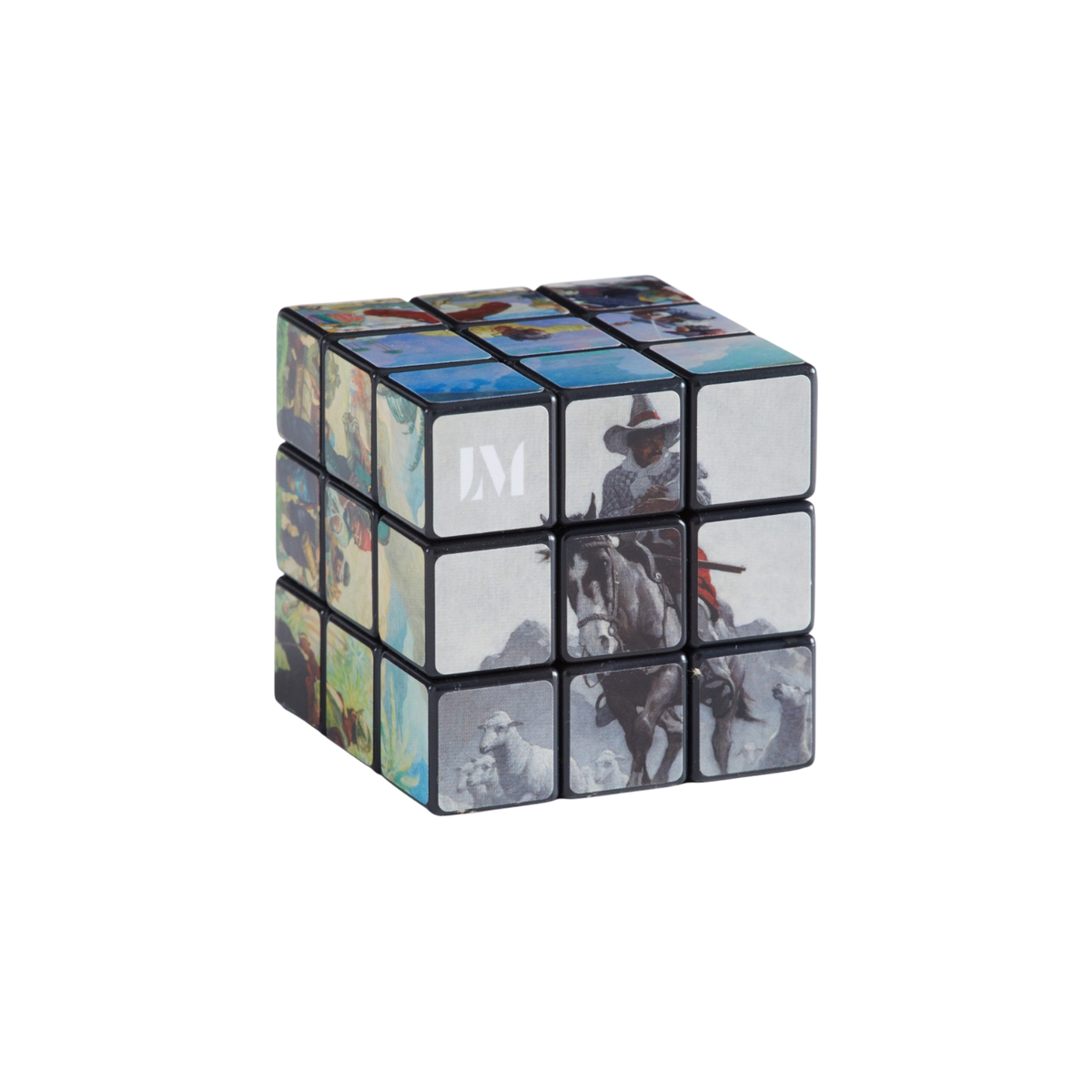 A 3x3x3 Rubik's cube with a black frame and printed cube faces of N.C. Wyeth's illustrations, shown on a plain white background.