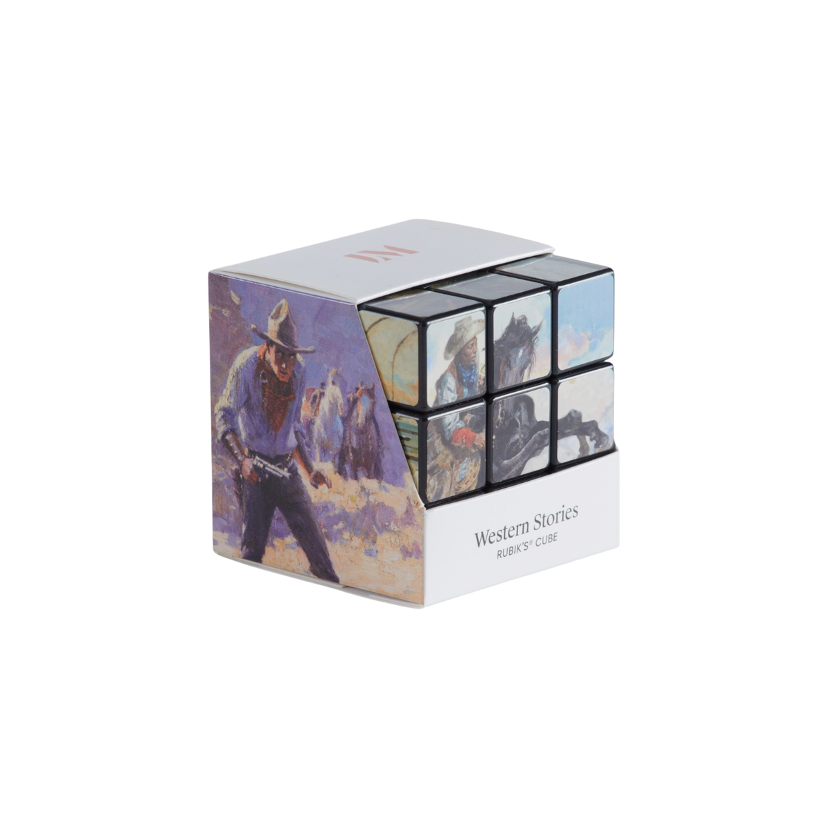 A boxed Rubik's Cube puzzle set titled 'Western Stories' on a plain white background. The cube is partially visible through a clear window in a white retail box, with six face panels showing western-themed artwork: a cowboy, a horse, a rider on horseback, and blue sky scenes.