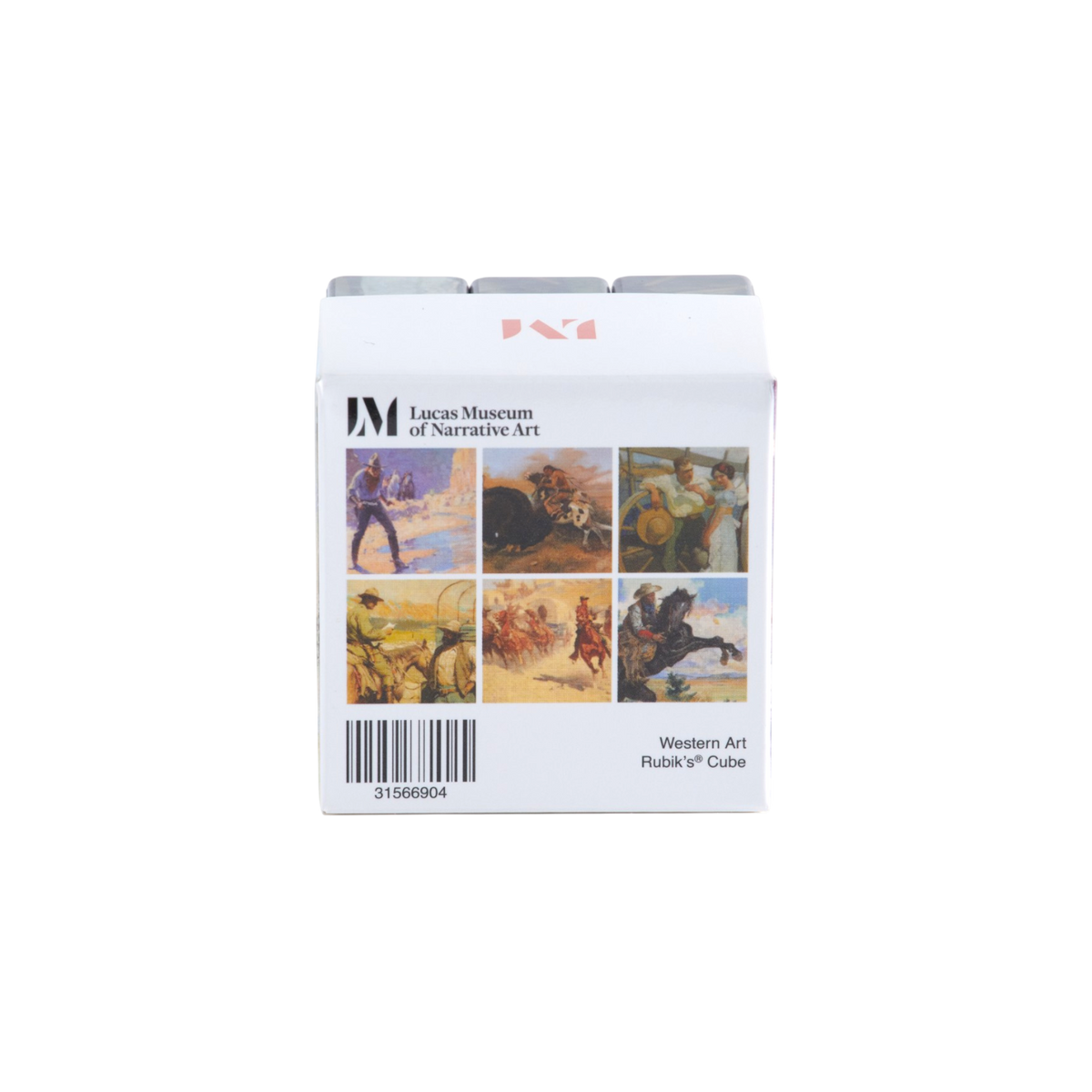 A white rectangular product box for Lucas Museum of Narrative Art Western Art Rubik's Cube, featuring a collage of six classical paintings on the front, set against a plain white background.