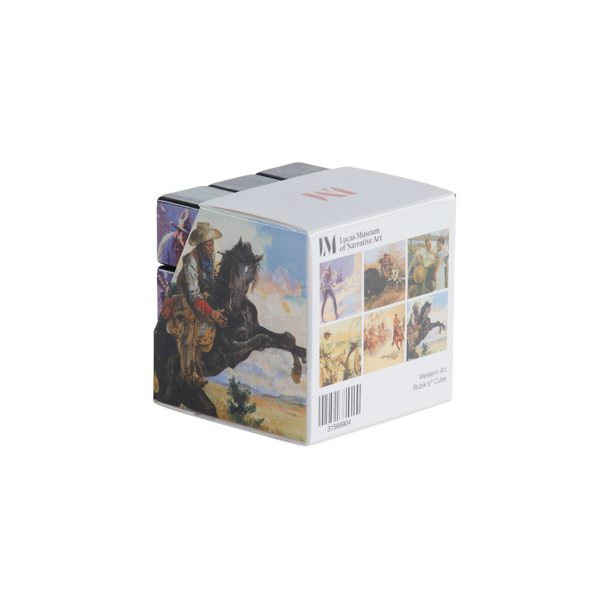 A white rectangular product box for Lucas Museum of Narrative Art Western Art Rubik's Cube, featuring a collage of six classical paintings on the front, set against a plain white background.