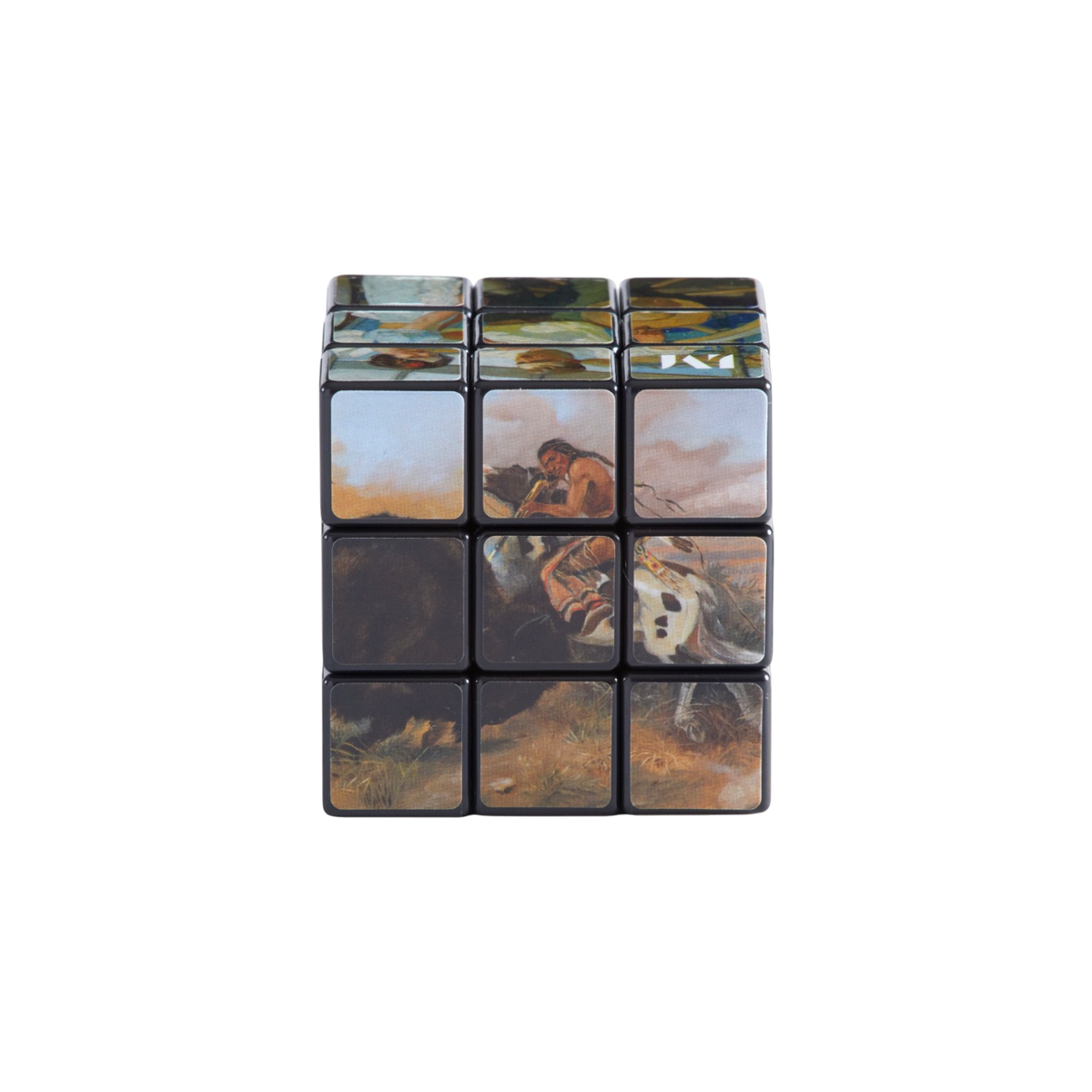 A 3x3x3 Rubik's cube with a black frame, featuring printed classical art panels on each face. The artwork depicts various historical Western figures and scenes in muted tones of beige, blue, and brown.
