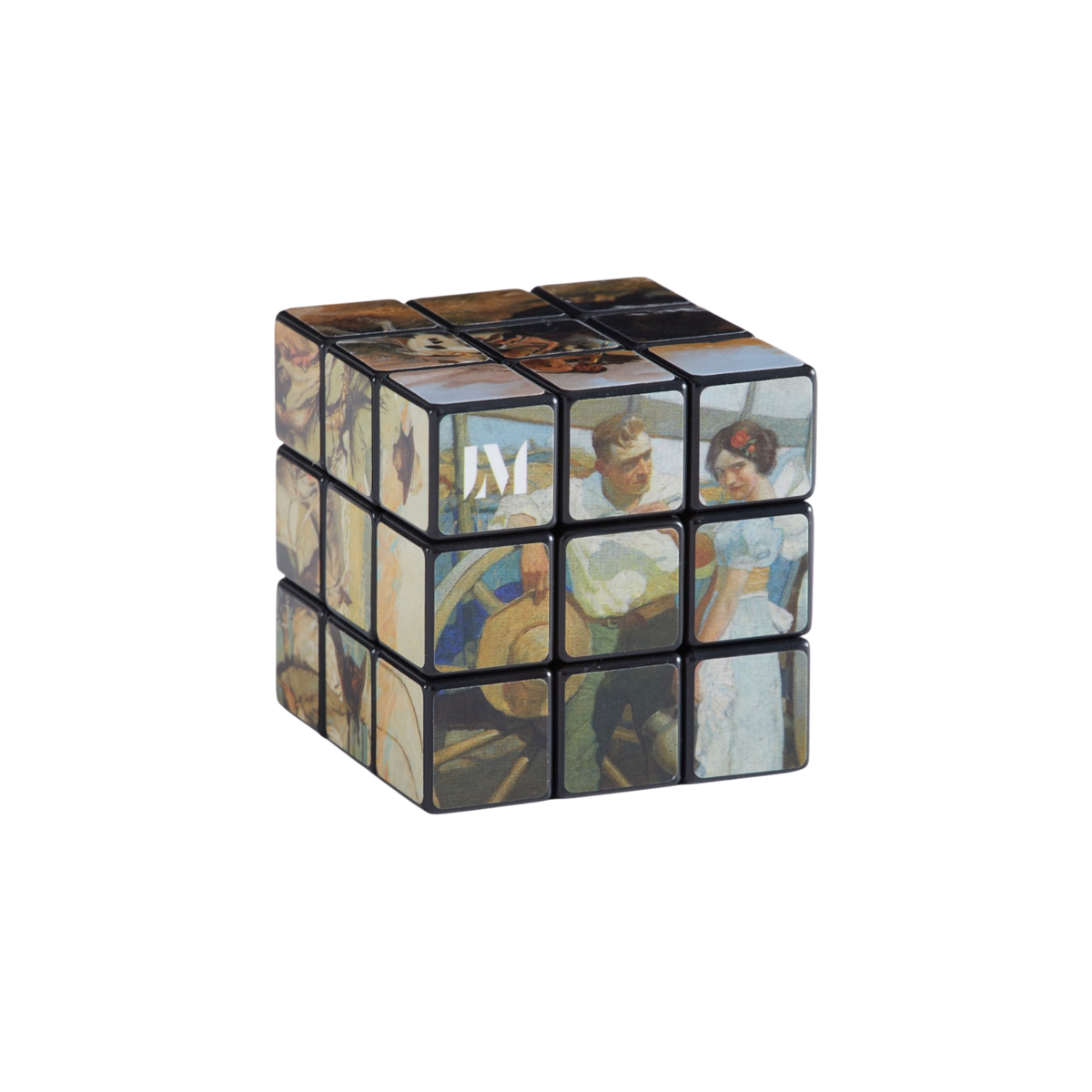 A 3x3x3 Rubik's cube with a black frame, featuring printed classical art panels on each face. The artwork depicts various historical Western figures and scenes in muted tones of beige, blue, and brown.