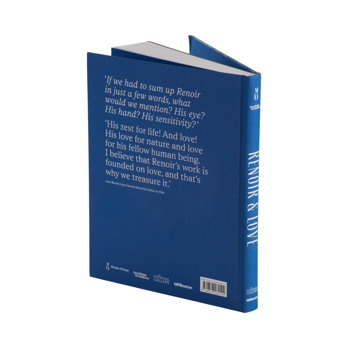 A hardcover book titled 'Renoir & Love' by Renoir, shown from the back cover in a clean studio setting. The cover is a deep blue with white text, including a quote and publisher branding.