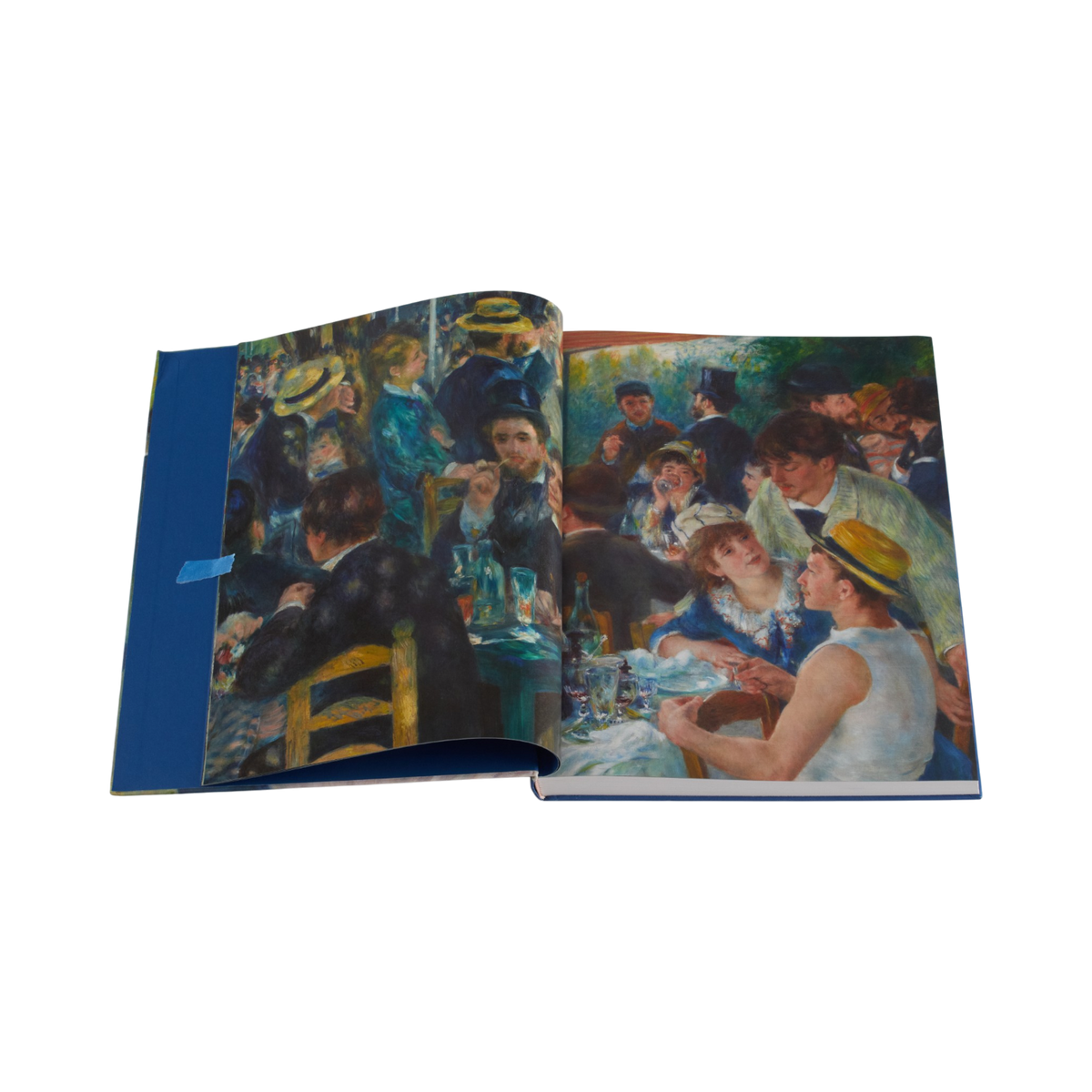 An open art book displaying a reproduction of Pierre-Auguste Renoir's painting 'Luncheon of the Boating Party', set against a plain white background.