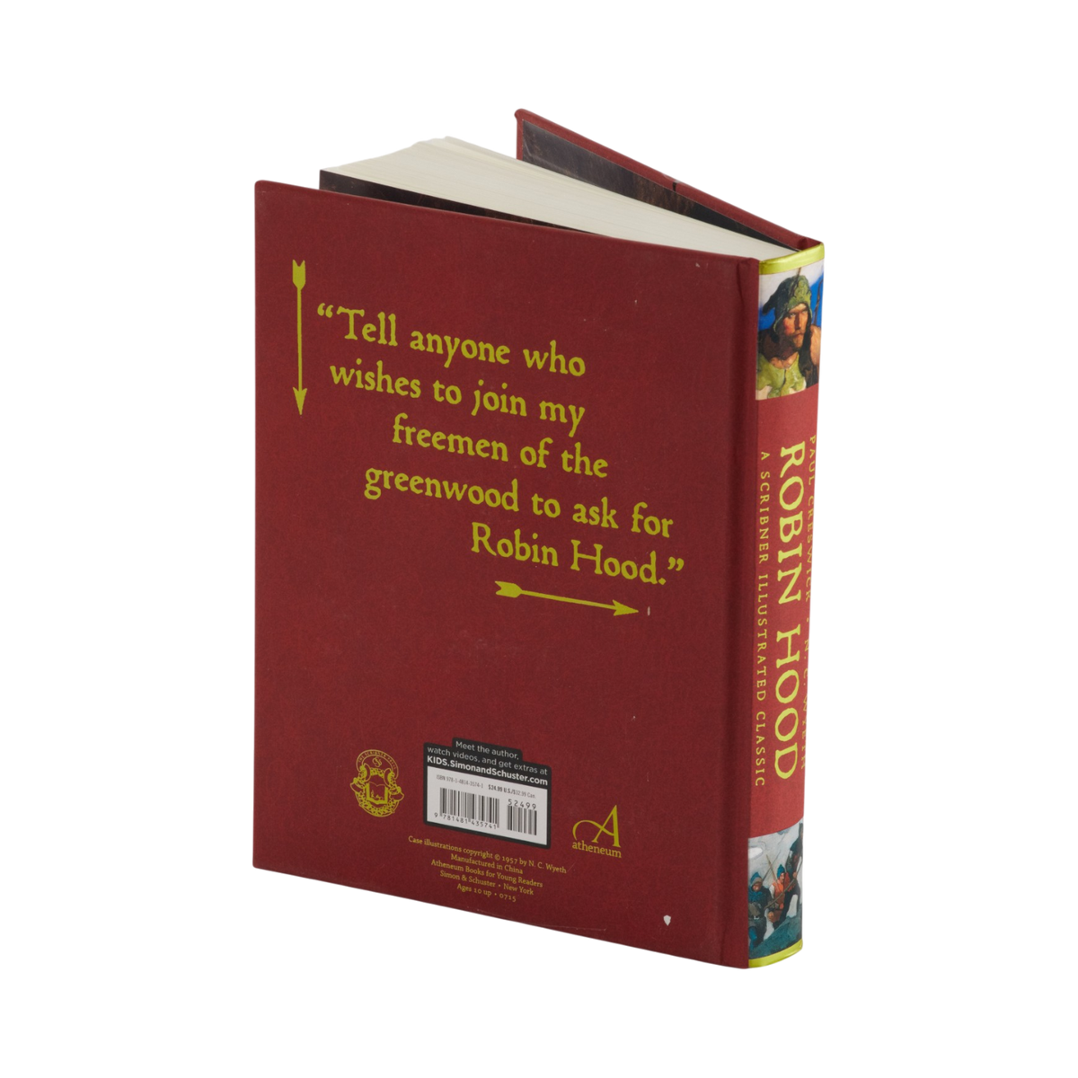 A hardcover book titled 'Robin Hood' shown standing upright on its back, with a dark red cover and spine, gold text, and small illustrated panels near the top and bottom of the spine.