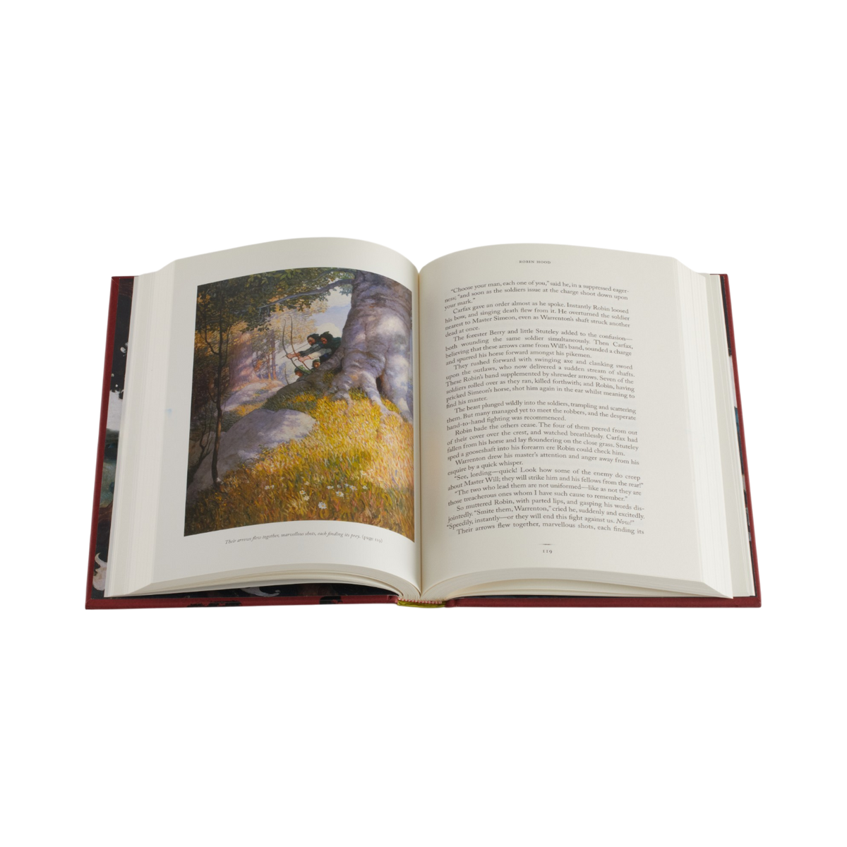 An open hardcover book with cream-colored pages, featuring a landscape painting on the left page and dense text on the right page, set against a plain white background.