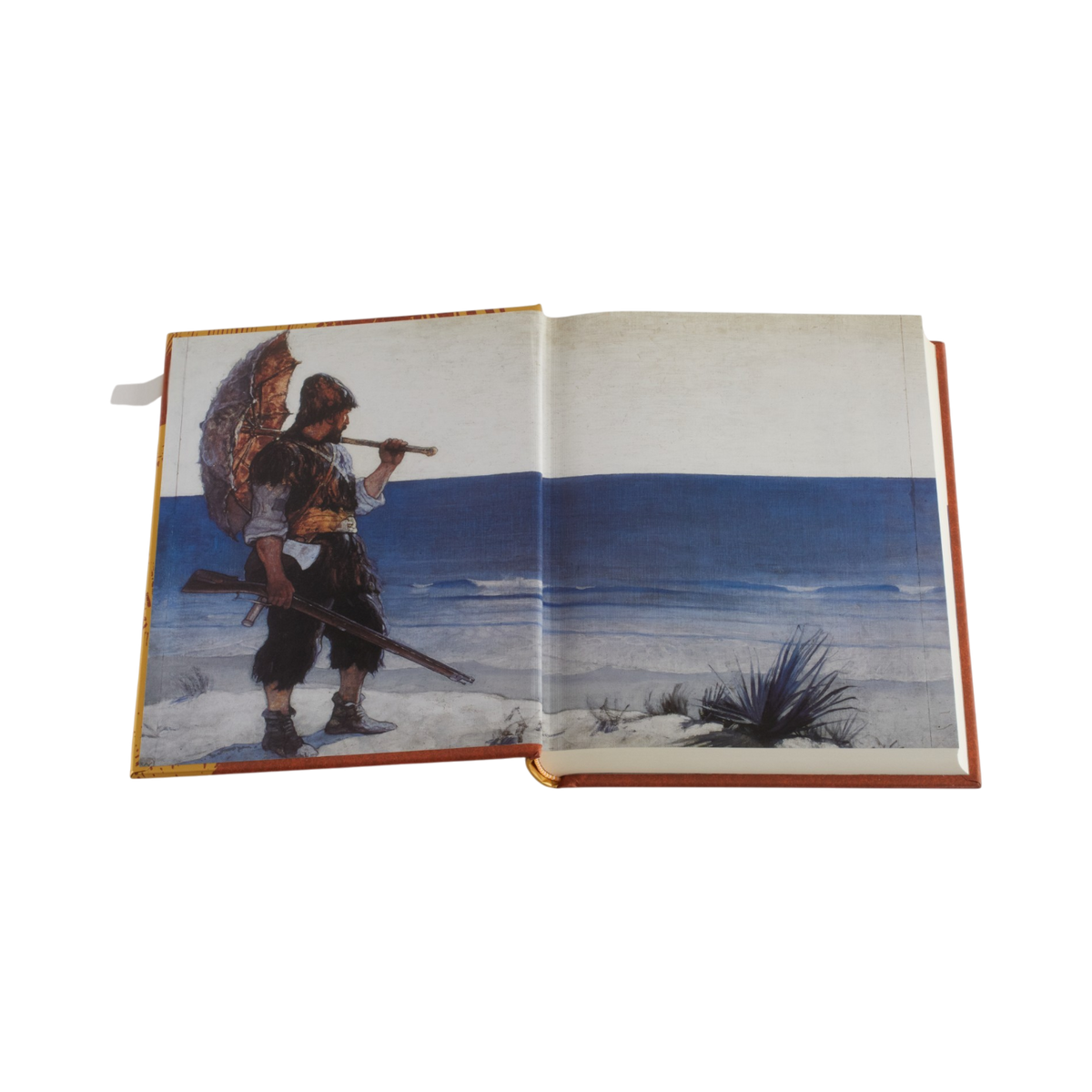 An open vintage book showing a printed illustration of a man carrying an umbrella and a rifle along a beach path, with blue ocean waves in the background. The book is photographed on a plain white background.