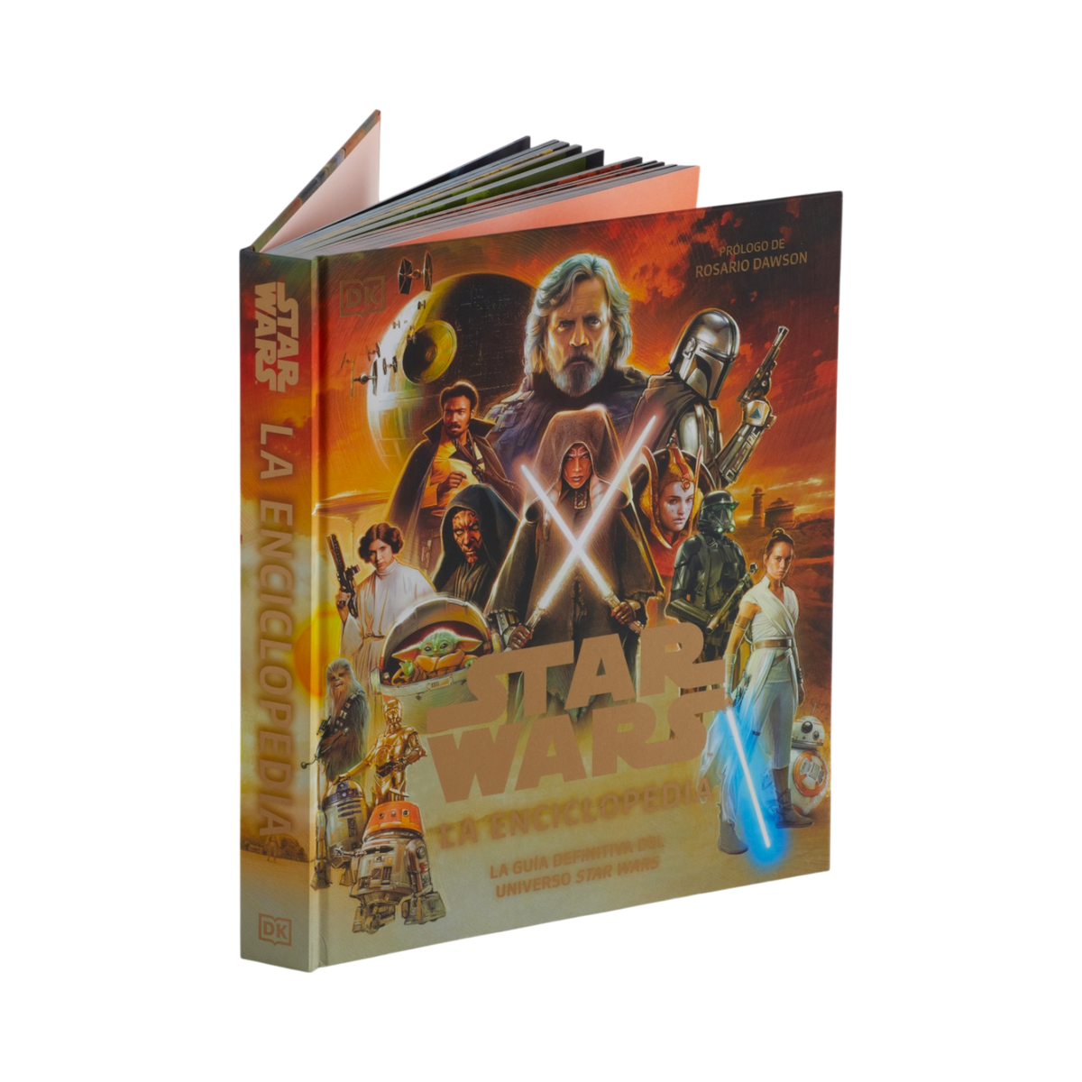 Star Wars: La Enciclopedia (The Encyclopedia) hardcover book featuring a colorful cover illustration of Star Wars characters, including Luke Skywalker, Darth Vader, Yoda, Obi-Wan, Ahsoka Tano, and R2-D2, with the title in large gold lettering on the front and spine.