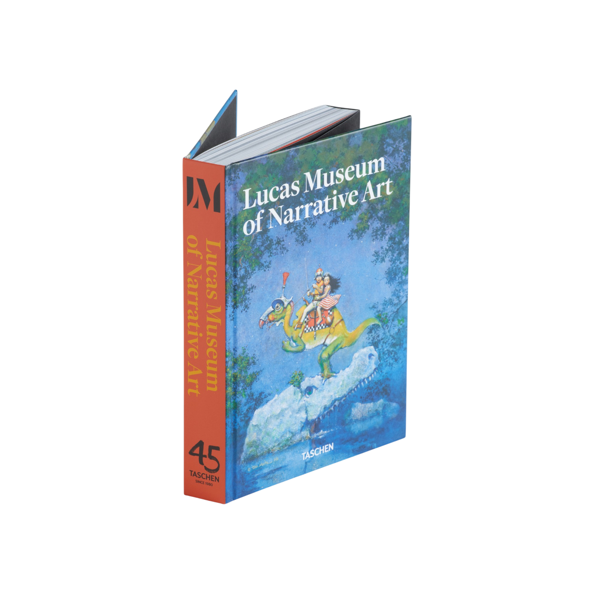 A hardcover art book titled 'Lucas Museum of Narrative Art' by Taschen, featuring a blue illustrated cover with a green dragon and a rider, and a rust-orange spine.