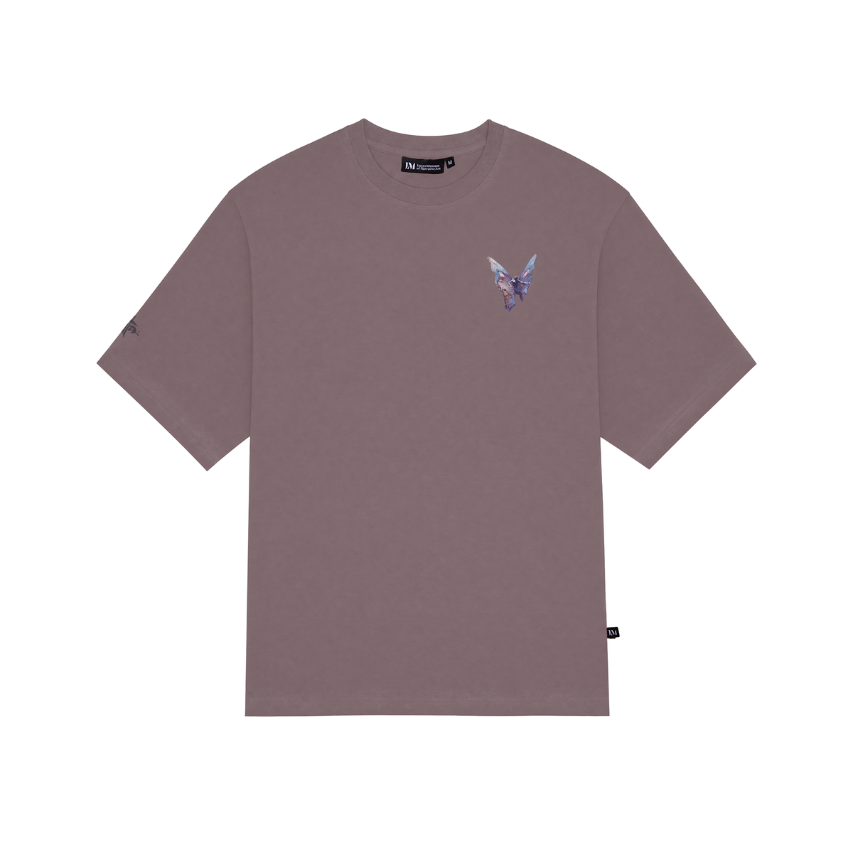 A muted mauve-brown short-sleeve t-shirt with a small colorful Mothman graphic on the left chest, displayed flat against a solid white background.