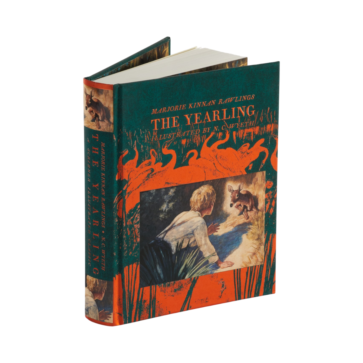 A hardcover book of The Yearling by Marjorie Kinnan Rawlings, illustrated by N.C. Wyeth.