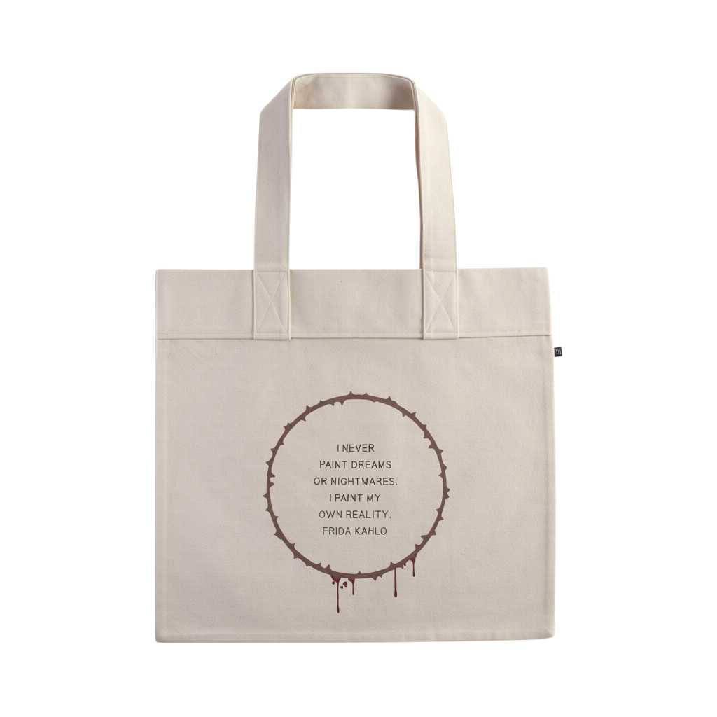 A natural canvas tote bag with a printed quote by Frida Kahlo in a dripping paint circle design, shown against a plain white background.