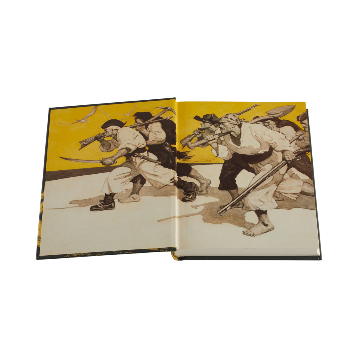 An open book or magazine spread showing a vintage-style illustration of several men in white and dark clothing carrying rifles against a yellow background.