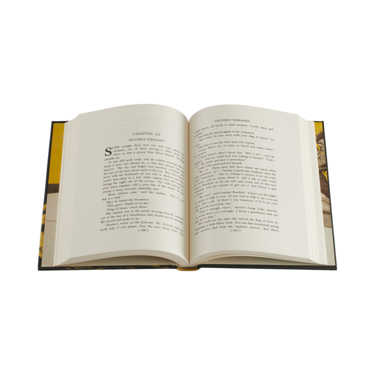 An open hardcover book with cream-colored pages and black text, displayed against a solid white background.