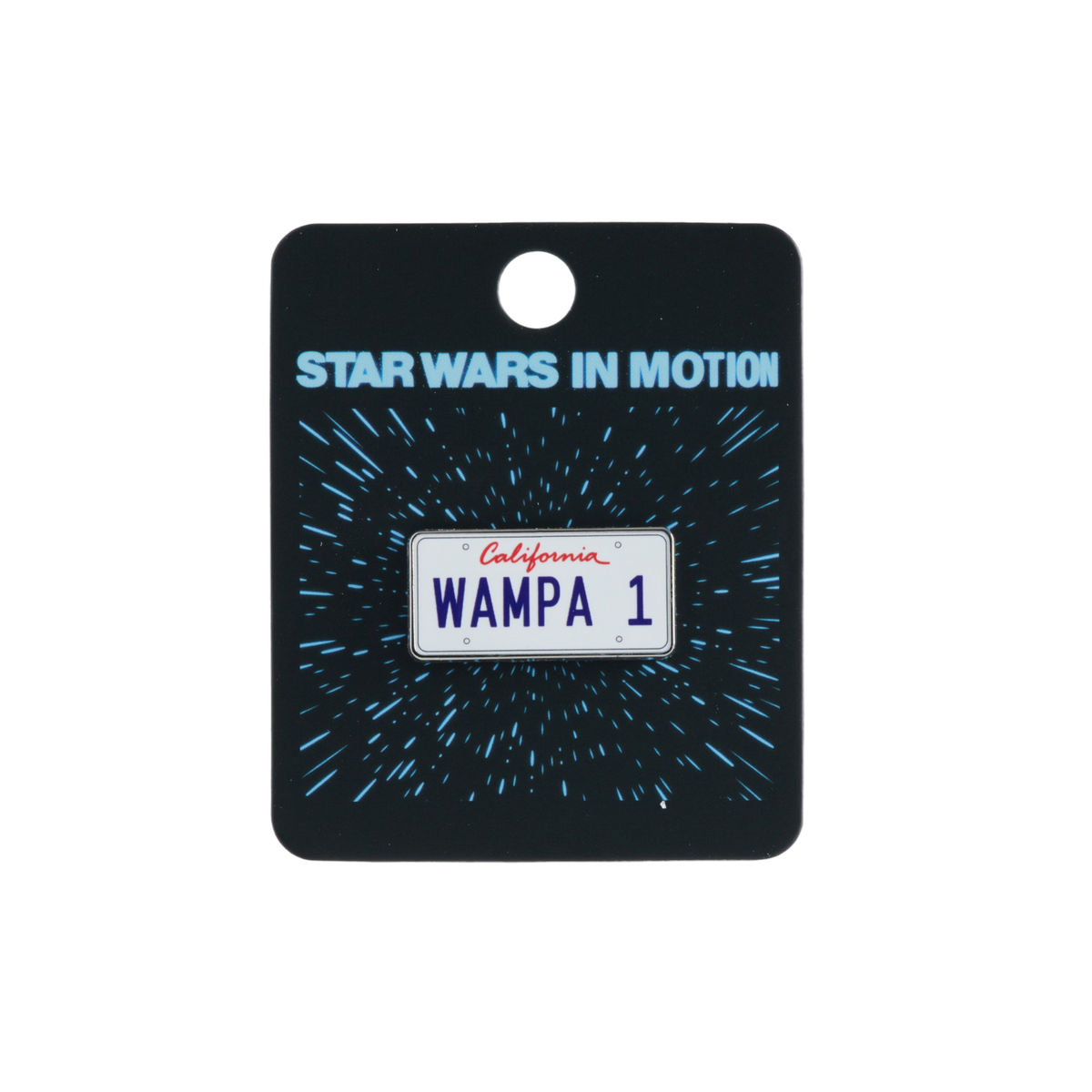 A Star Wars themed novelty license plate pin on a black backing card. The license plate reads 'WAMPA 1' with 'California' in red script.
