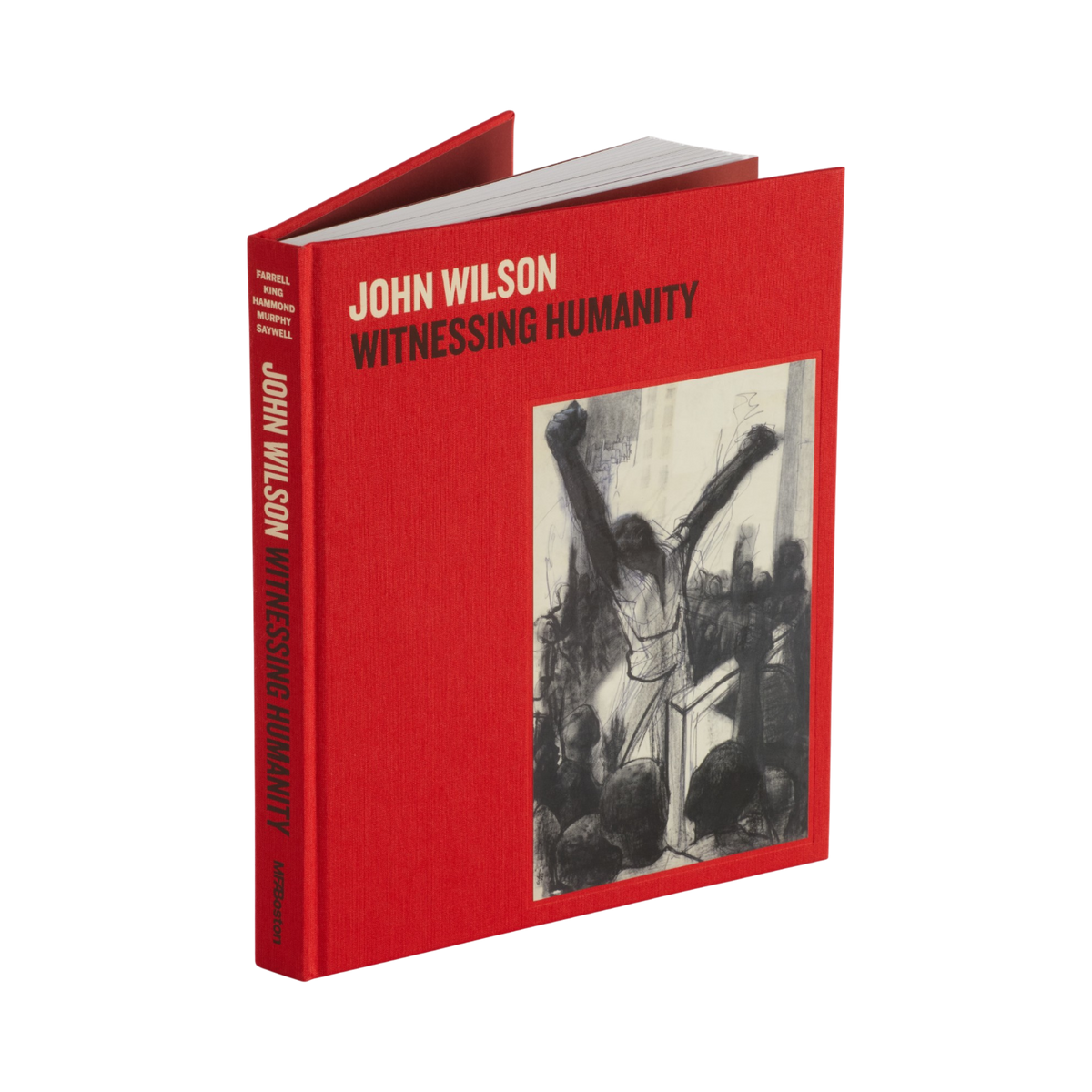 A hardcover book titled "John Wilson: Witnessing Humanity" with a textured red cover, featuring a black-and-white photograph of a crowd scene and the author's name in white and dark lettering.