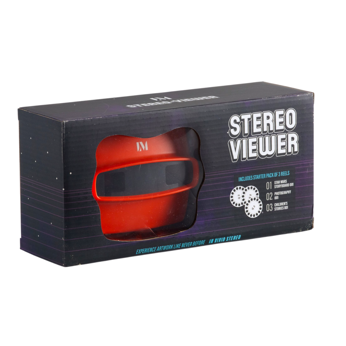 Red Stereo Viewer in a box with white text on a dark purple space-themed background.