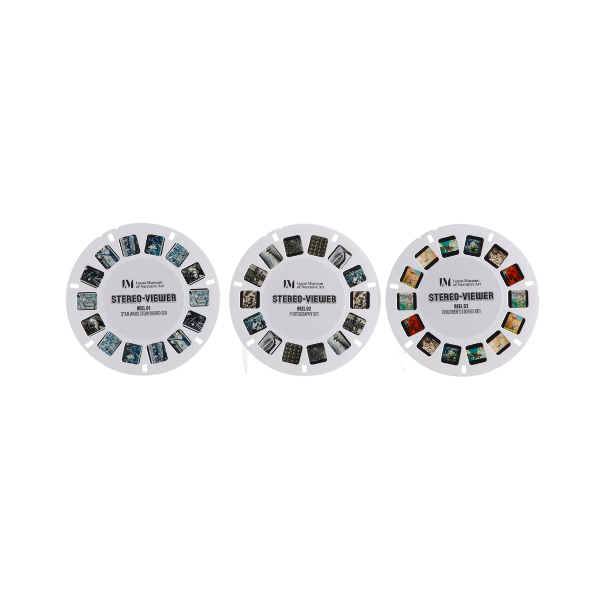 Three circular Stereo-Viewer reels arranged side by side. Each reel contains multiple small square color chips with different hues and patterns, and the center of each plate has a white label with black text.